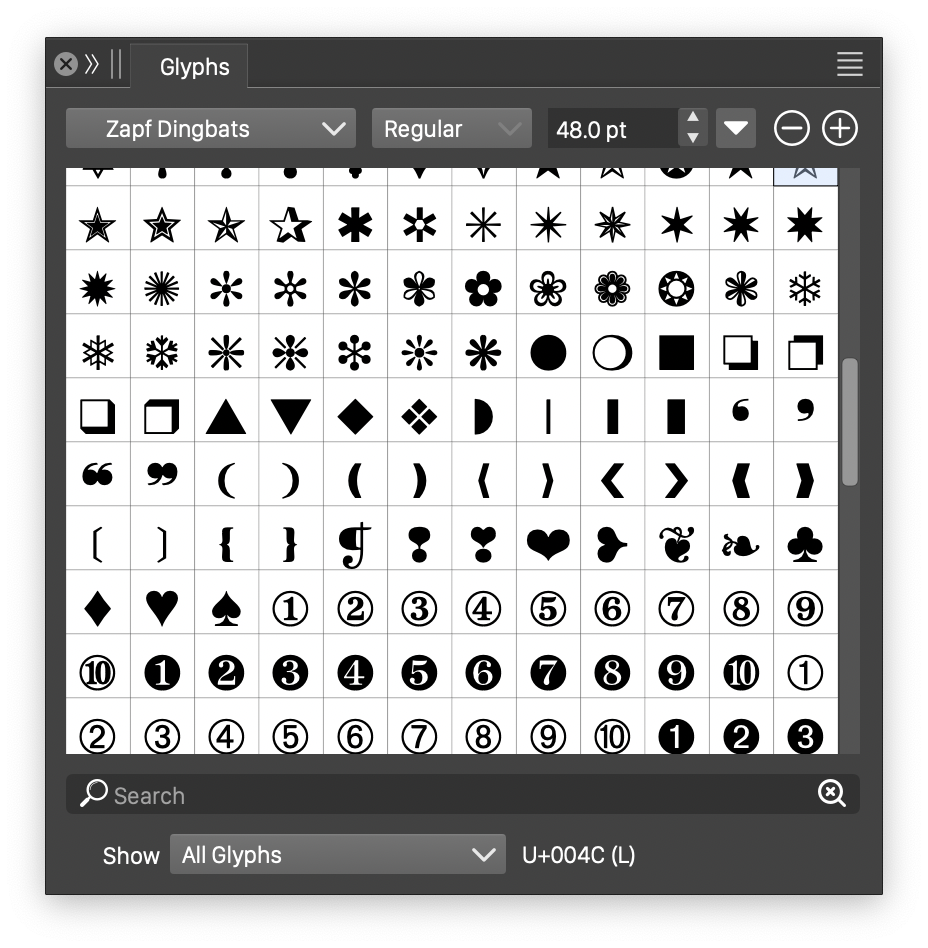 Use the Glyphs panel to insert glyphs and special characters in