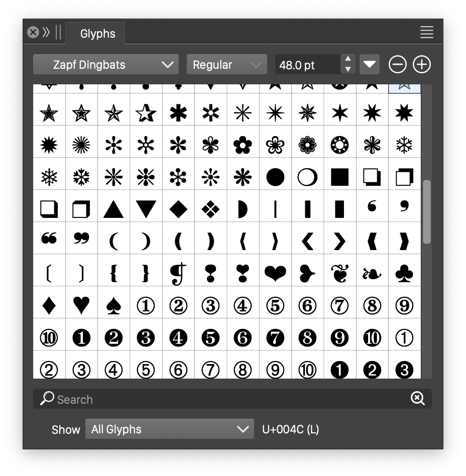 illustrator glyphs pane