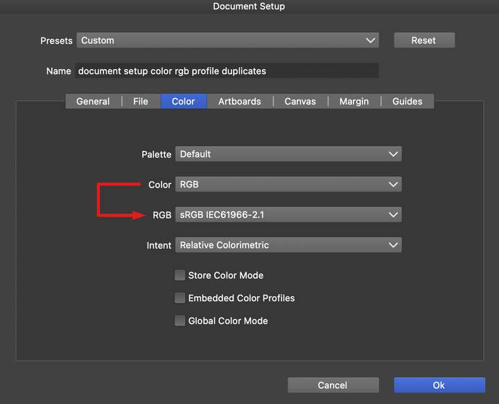 doc setup dialog rgb color profile tab